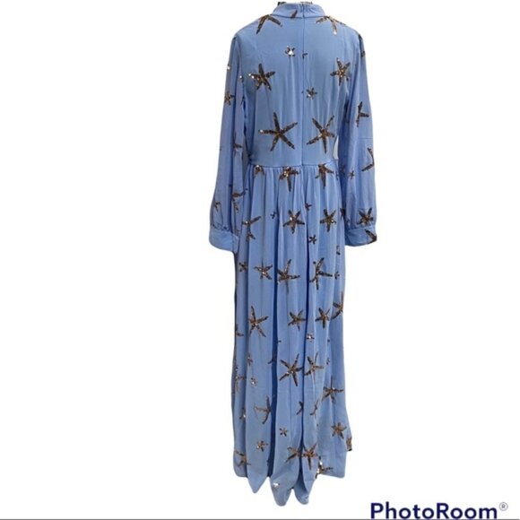 NWOT Blue Beaded Chiffon Maxi Dress Size L - Picture 3 of 8